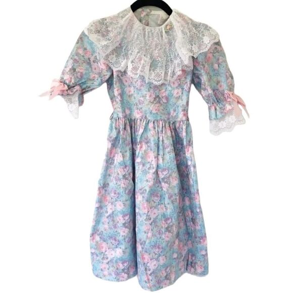 Vintage 80s Emily Hopkins Pastel Circle Ruffle Floral Girls Dress Size 8 USA - Picture 1 of 11